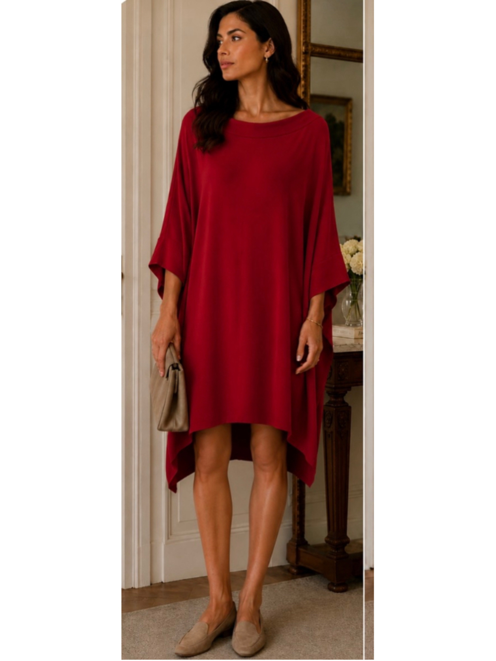 St. John Couture Red High Low Scarf Hem Bateau Wing Sleeve Dress Size M/L NWT!